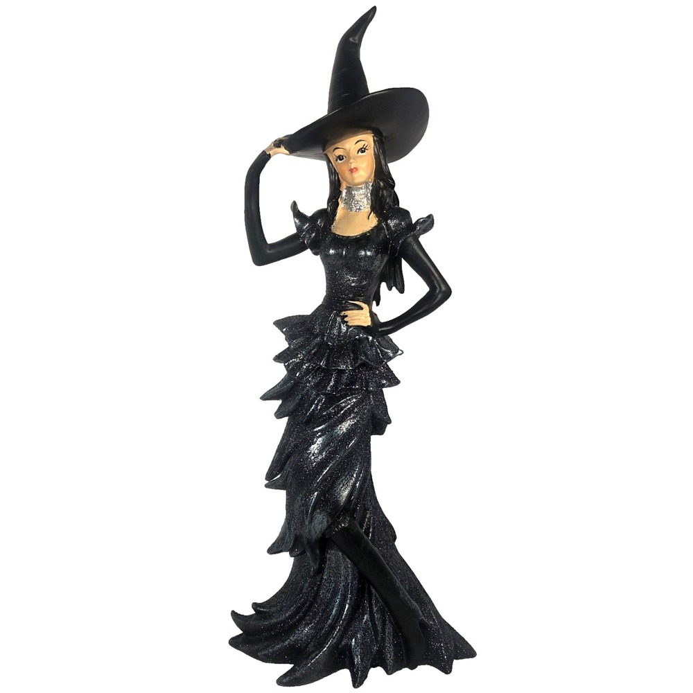 Halloween Witch Figurine 16 Inch Black Glitter Dress Gothic Decor Silver Collar